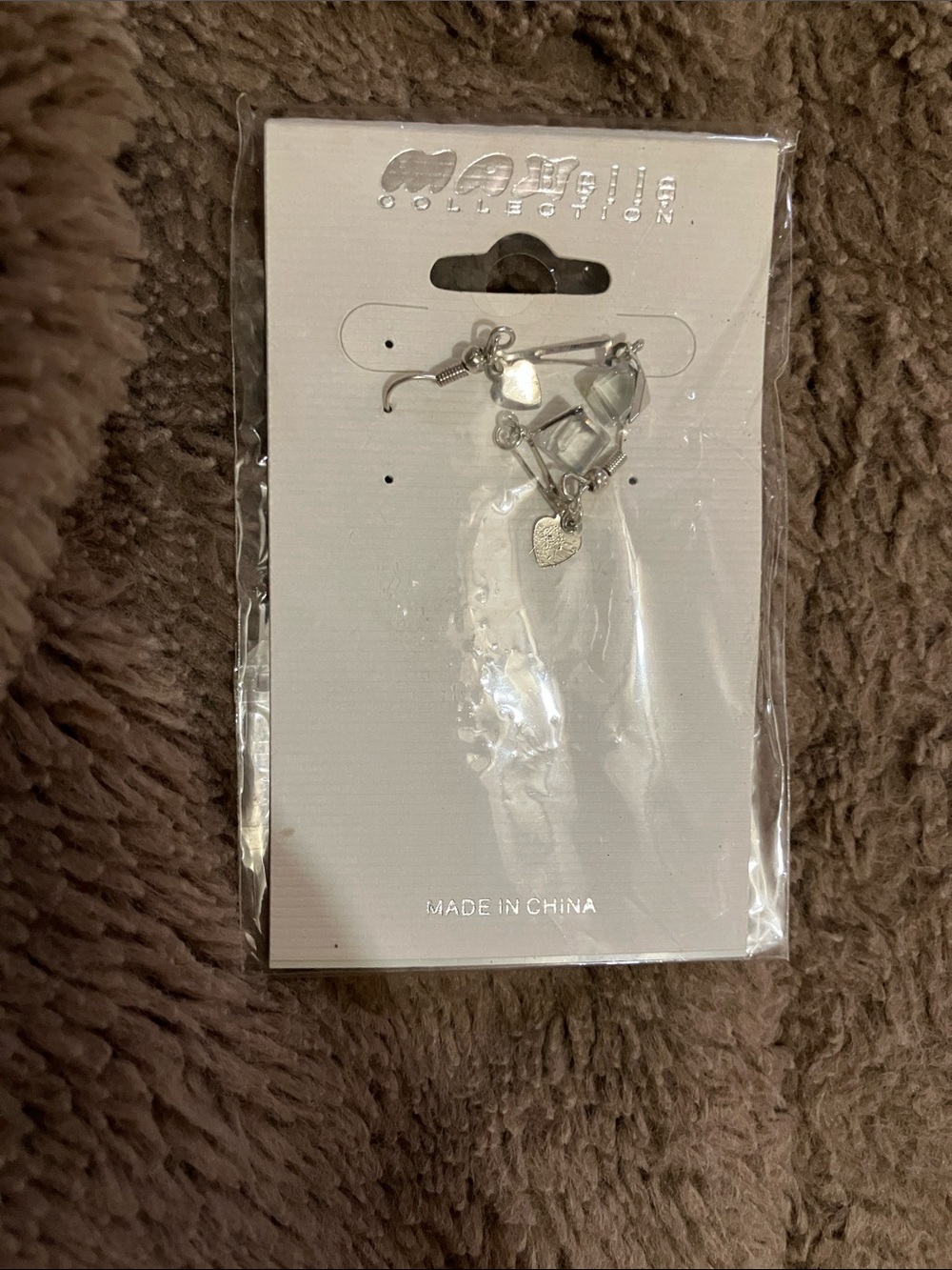 Silver Heart Charm Dangle Earrings - Clear Beads